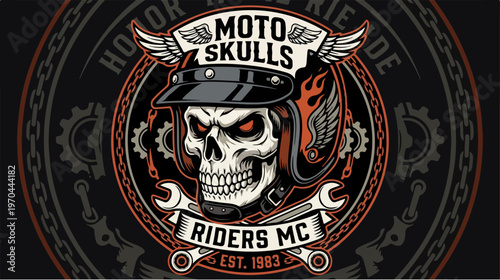 Moto Skulls Riders MC Emblem - A Bold Motorcycle Club Design.