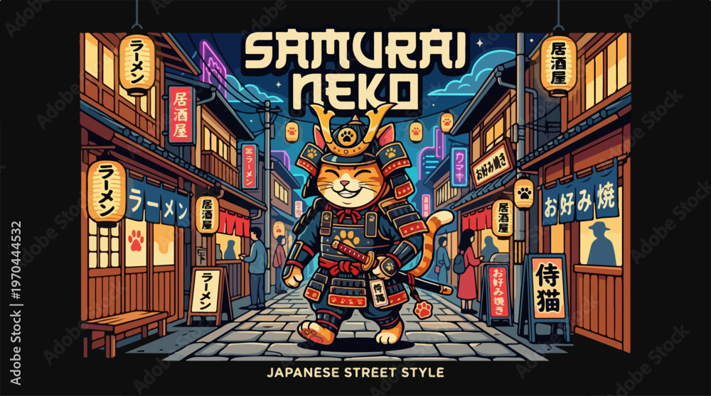 Obraz premium Samurai Neko in Japanese Street Style Illustration.