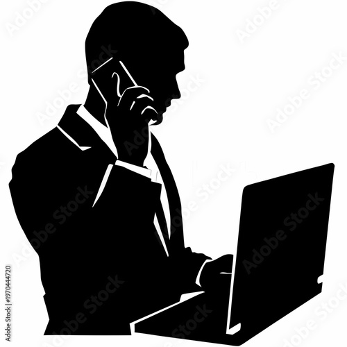 employee with laptop answering phone call silhouette illustration for office work business and corporate design