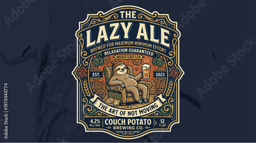 The Lazy Ale Beer Label Design Featuring a Sloth Relaxing on a Couch.