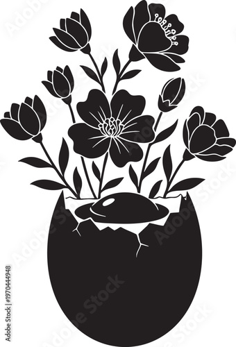 Floral arrangement in a cracked eggshell a striking black and white illustration