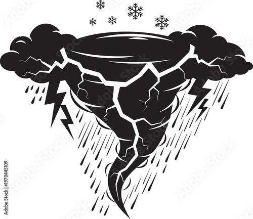 Dramatic storm illustration featuring a whirlwind lightning rain and snowflakes