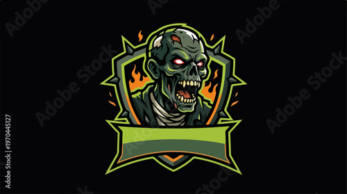 Zombie Head in Shield Emblem with Flames and Banner.