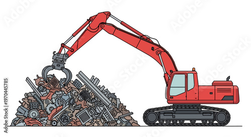 Illustration of a red crane with a grapple claw picking up a scrap metal pile