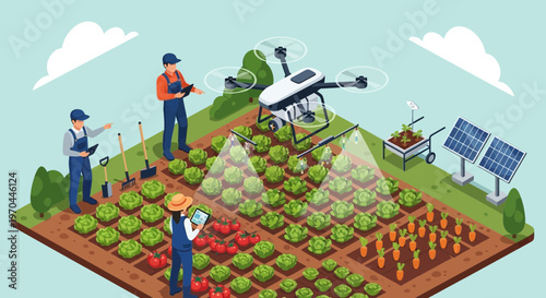 Isometric smart farming scene with drone workers and solar panels