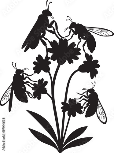 Silhouetted illustration of bees foraging around a flowering plant