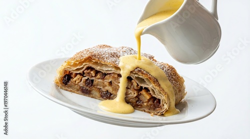 Slice of apple strudel with vanilla sauce pouring from a jug. Copy space for text.
