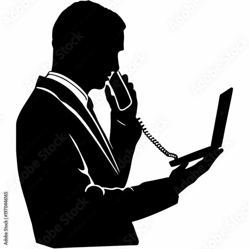 employee with laptop answering phone call silhouette illustration for business communication and office work design
