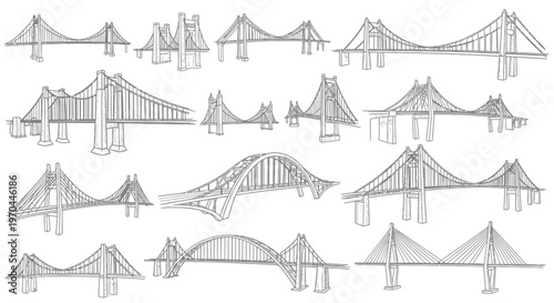 Bridge sketch collection with arched suspension and truss designs