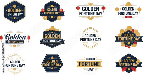 A collection of vibrant golden fortune day emblems and designs featuring traditional elements and celebratory motifs high quality professional detailed modern elegant stylish