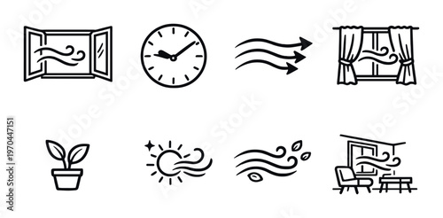 Window and airflow icons with clock and interior ventilation symbols