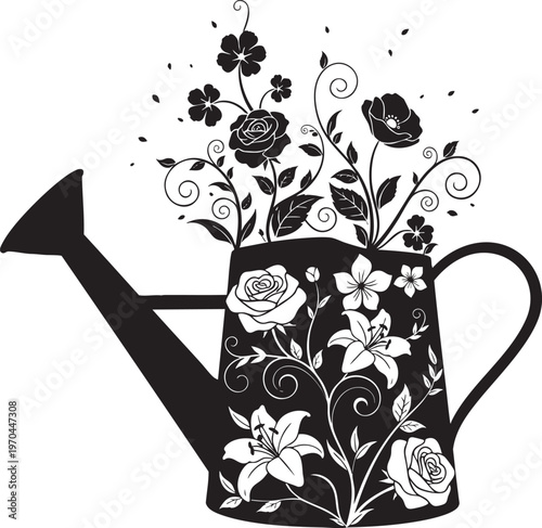 Watering can silhouette overflowing with blooming flowers and leaves