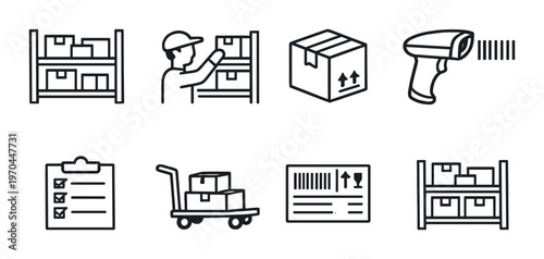 Warehouse shelving and picking icons on dark background
