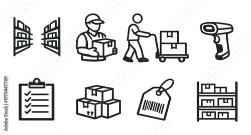Warehouse tagging and inventory icons featuring barcode label tag