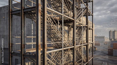 Intricate Industrial Scaffold Framework Captures Precision Construction Detail And Bold Architectural Engineering Presence Perfectly