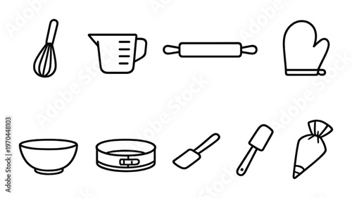 Baking tools and accessories displayed on gray background