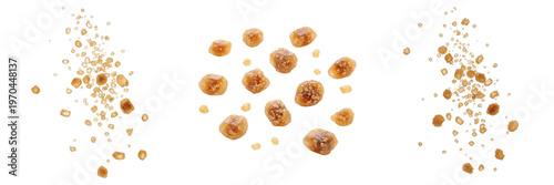 Quadro su tela Set of falling brown sugar cubes and crystals explosion isolated on white backgr