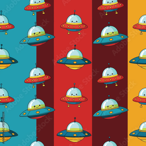Cute Cartoon UFO Spaceships with Happy Faces.