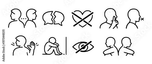 Social distancing and silence icons set on dark background