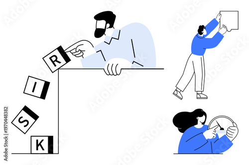 Risk management concept. Risk highlighted with blocks tumbling down, individuals taking preventive actions. Risk in business, decision making, evaluation, prevention, and strategy planning