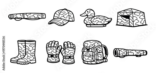 Hunting equipment and accessories arranged on dark backdrop