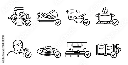Cooking and food preparation icons shown on dark background