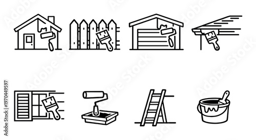 House exterior painting icons showing tools, ladder, and bucket