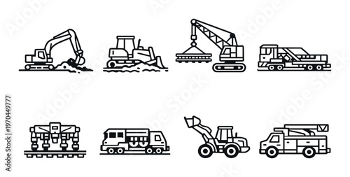Construction vehicles arranged in two rows on dark background