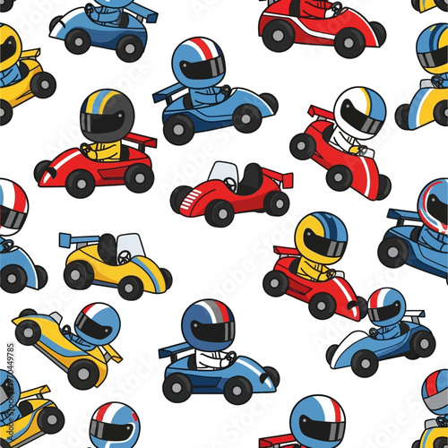 Cute Cartoon Go Karts and Racers Seamless Pattern.