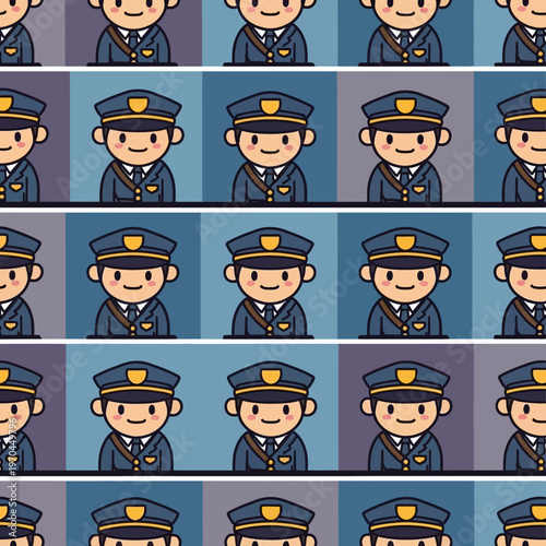 Cute cartoon police officers in uniform repeating pattern.