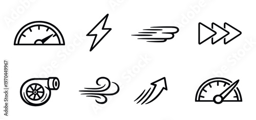 Speed and motion icons arranged in two rows on dark background