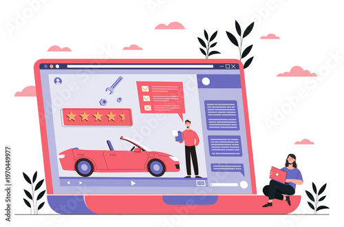 A laptop displays car repair review with stars and UI elements in flat style on white background showing service feedback concept. Hand-drawn vector illustration