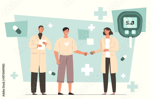 Three medical staff and a patient interacting in a healthcare setting in a soft cartoon style on a light background, showing wellness and diagnosis concept. Hand-drawn vector illustration