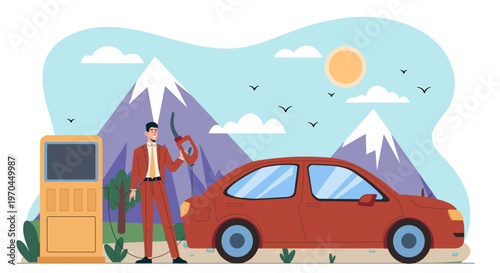 A man refuels a car at a station with mountains, sun, clouds, and birds in a clean flat style on an outdoor background showing travel concept. Hand-drawn vector illustration
