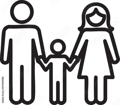 A simple black and white illustration of a family with a man, woman, and child holding hands