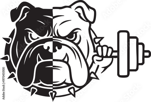 A black and white illustration of a bulldog lifting weights