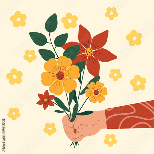 A hand holding colorful flowers in a flat graphic style on a light background, expressing a cheerful nature concept. Hand-drawn vector illustration