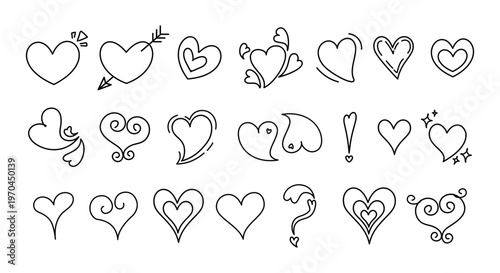 Various hand-drawn heart doodles in simple line art on a white background, symbolizing love and romance concepts, suitable for decorative themes. Hand-drawn vector illustration