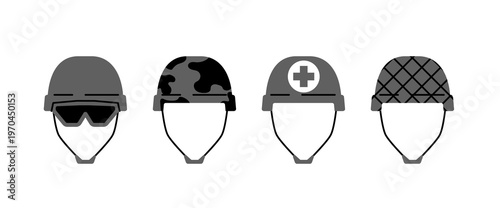 Four military helmet icons with different styles shown in simple graphic design on a white background, representing protection and service concepts. Hand-drawn vector illustration
