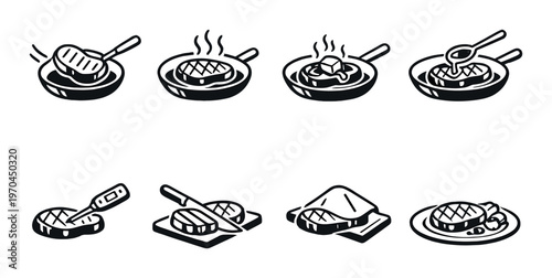 Steak cooking steps in frying pan and on cutting board