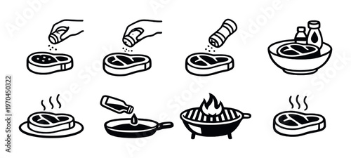 Steak seasoning and cooking icons on gray background