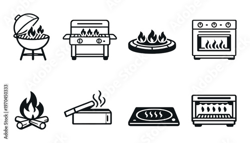 Grills ovens and fire icons on dark gradient background