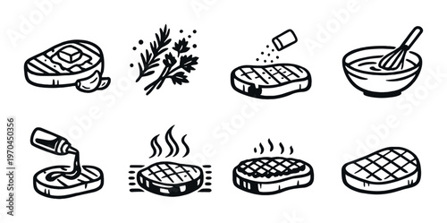 Steak preparation steps showing seasoning and cooking icons