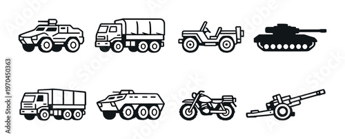 Military vehicles including armored car truck jeep and tank