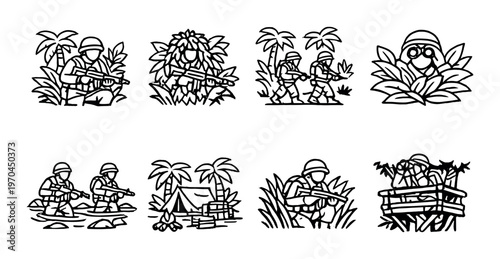 Soldiers hiding and patrolling in jungle and camp icons