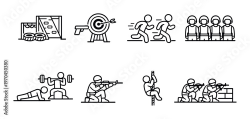 Military training exercises and shooting drills at obstacle course