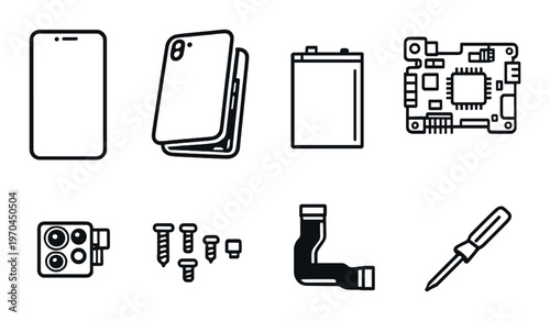 Smartphone parts and repair icons arranged on dark panel