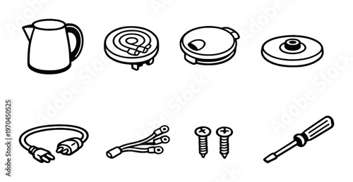 Kettle and electrical components displayed as icons on gray background
