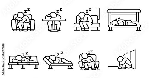 People napping on chairs and benches in public seating layout