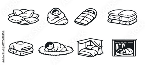 Bedding items and swaddled infants displayed on gray backdrop